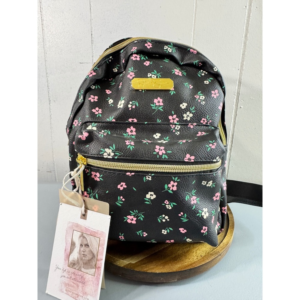 Jessica Simpson Mini Backpack Women Small Black Floral Faux Leather Gold Zip New